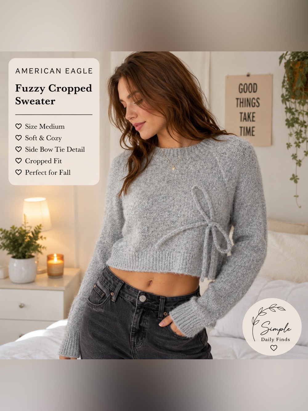 American Eagle Outfitters Gray Crewneck Cropped Sweater with Side Bow M